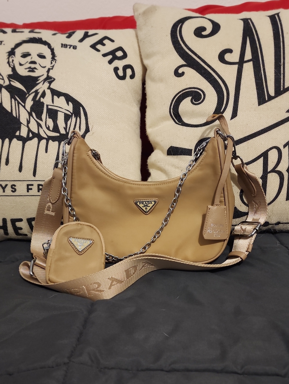 Prada Tan Nylon Crossbody with Chain and Logo Strap